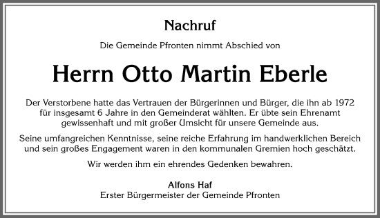Traueranzeige von Otto Martin Eberle von Allgäuer Zeitung, Füssen