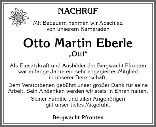Traueranzeige von Otto Martin Eberle von Allgäuer Zeitung, Füssen