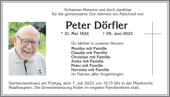 Traueranzeige von Peter Dörfler von Allgäuer Zeitung, Kaufbeuren/Buchloe