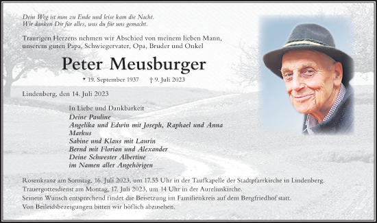 Traueranzeige von Peter Meusburger von Der Westallgäuer