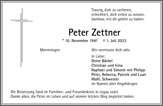 Traueranzeige von Peter Zettner von Memminger Zeitung