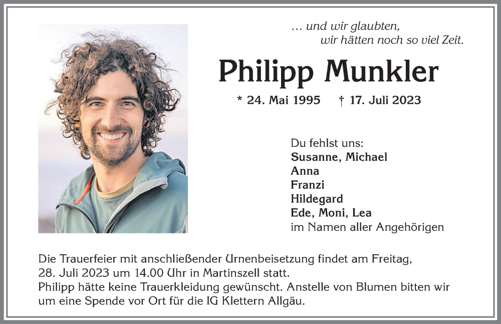  Traueranzeige für Philipp Munkler vom 22.07.2023 aus Allgäuer Zeitung, Gesamtausgabe