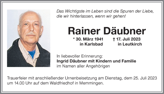 Traueranzeige von Rainer Däubner von Memminger Zeitung