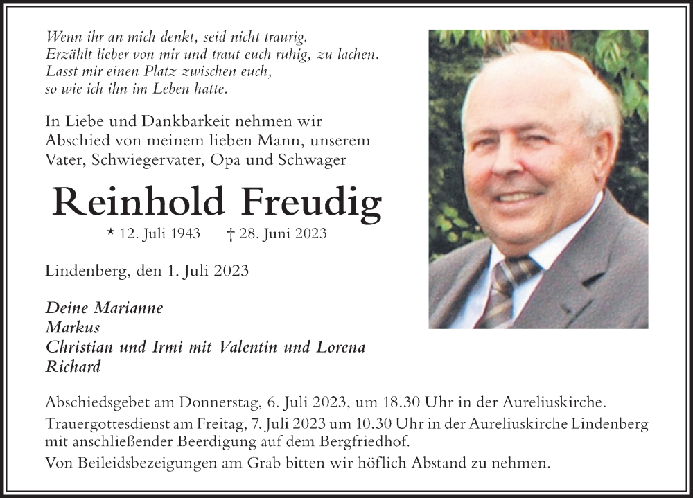  Traueranzeige für Reinhold Freudig vom 01.07.2023 aus Der Westallgäuer