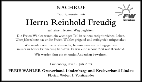 Traueranzeige von Reinhold Freudig von Der Westallgäuer