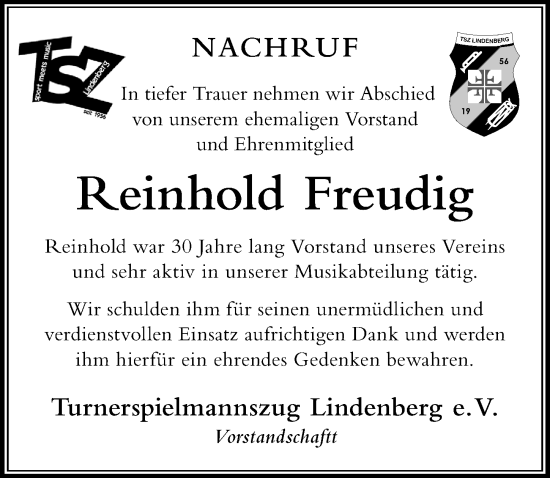 Traueranzeige von Reinhold Freudig von Der Westallgäuer