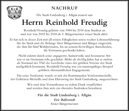 Traueranzeige von Reinhold Freudig von Der Westallgäuer