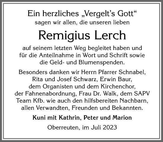 Traueranzeige von Remigius Lerch von Allgäuer Zeitung, Füssen