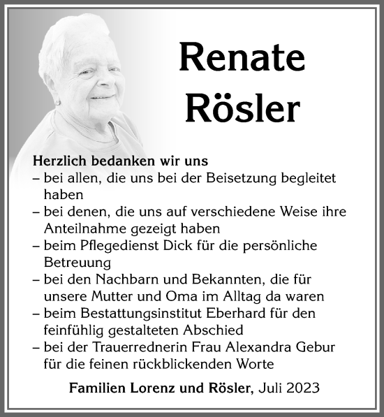 Traueranzeige von Renate Rösler von Allgäuer Zeitung,Kempten