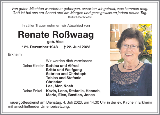 Traueranzeige von Renate Roßwaag von Memminger Zeitung