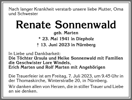 Traueranzeige von Renate Sonnenwald von Allgäuer Zeitung, Kaufbeuren/Buchloe