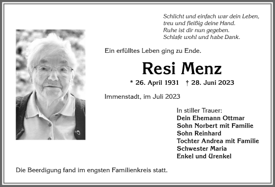 Traueranzeige von Resi Menz von Allgäuer Anzeigeblatt