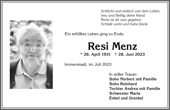 Traueranzeige von Resi Menz von Allgäuer Anzeigeblatt