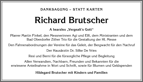 Traueranzeige von Richard Brutscher von Allgäuer Anzeigeblatt