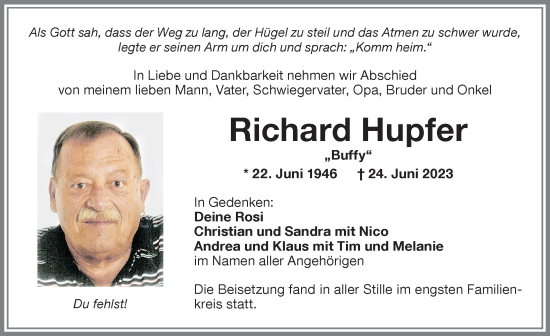 Traueranzeige von Richard Hupfer von Memminger Zeitung