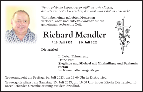 Traueranzeige von Richard Mendler von Memminger Zeitung