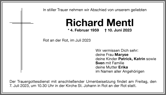 Traueranzeige von Richard Mentl von Memminger Zeitung