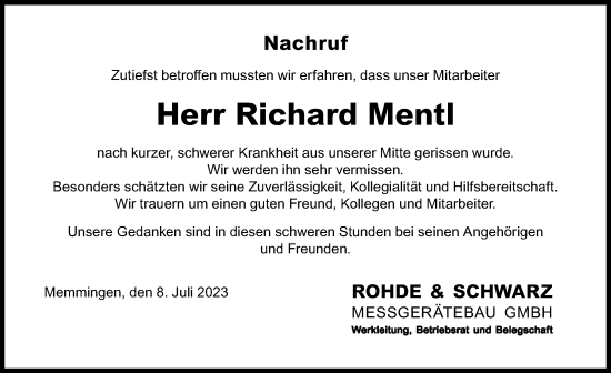 Traueranzeige von Richard Mentl von Memminger Zeitung