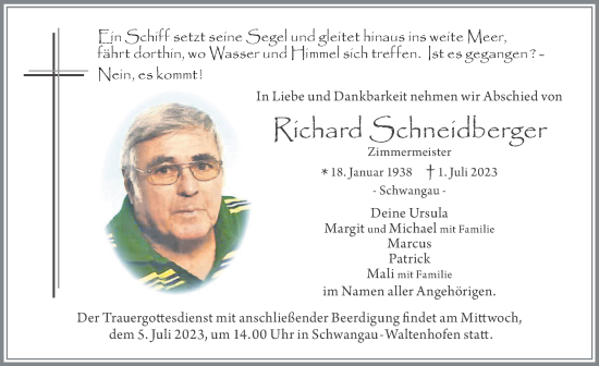 Traueranzeige von Richard Schneidberger von Allgäuer Zeitung, Füssen