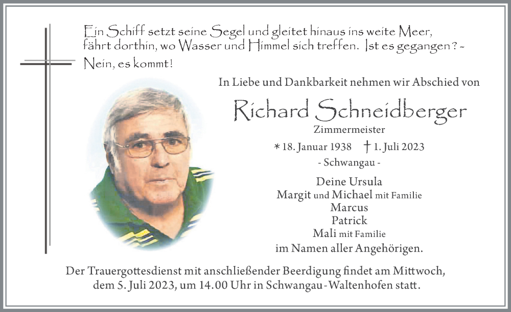 Traueranzeige für Richard Schneidberger vom 04.07.2023 aus Allgäuer Zeitung, Füssen