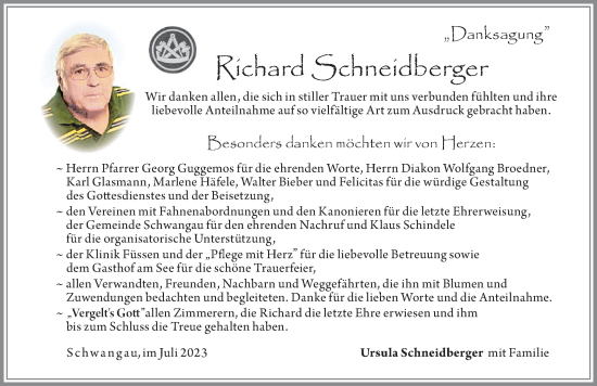 Traueranzeige von Richard Schneidberger von Allgäuer Zeitung, Füssen