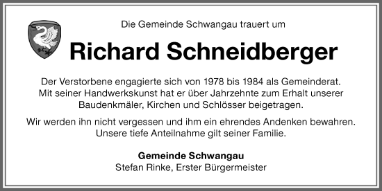 Traueranzeige von Richard Schneidberger von Allgäuer Zeitung, Füssen