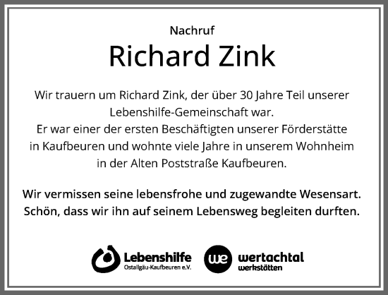 Traueranzeige von Richard Zink von Allgäuer Zeitung, Kaufbeuren/Buchloe
