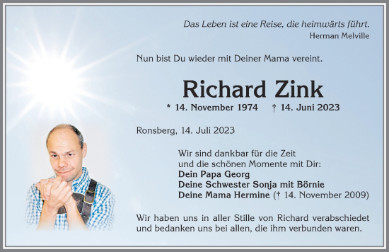 Traueranzeige von Richard Zink von Allgäuer Zeitung, Marktoberdorf