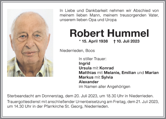 Traueranzeige von Robert Hummel von Memminger Zeitung