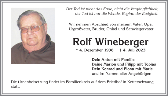 Traueranzeige von Rolf Wineberger von Allgäuer Zeitung, Kaufbeuren/Buchloe