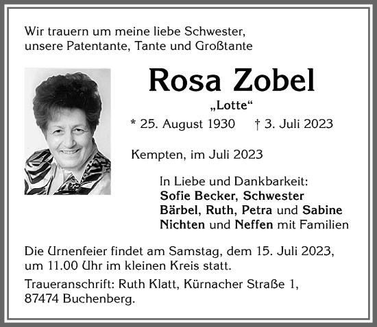 Traueranzeige von Rosa Zobel von Allgäuer Zeitung,Kempten