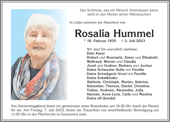 Traueranzeige von Rosalia Hummel von Allgäuer Zeitung, Marktoberdorf