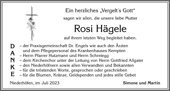 Traueranzeige von Rosi Hägele von Allgäuer Zeitung, Füssen