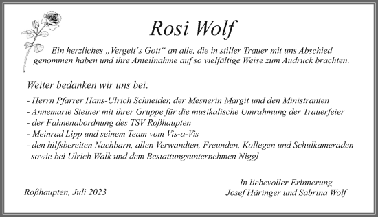 Traueranzeige von Rosi Wolf von Allgäuer Zeitung, Füssen