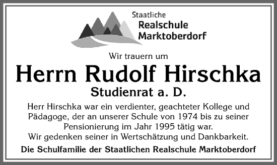 Traueranzeige von Rudolf Hirschka von Allgäuer Zeitung, Marktoberdorf