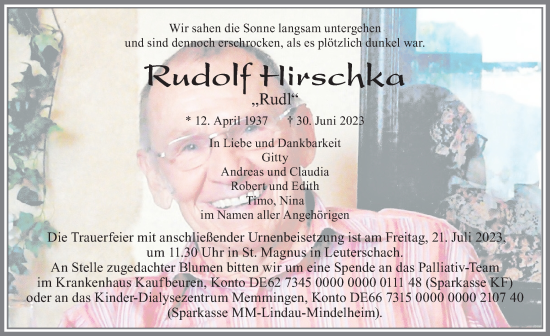 Traueranzeige von Rudolf Hirschka von Allgäuer Zeitung, Marktoberdorf