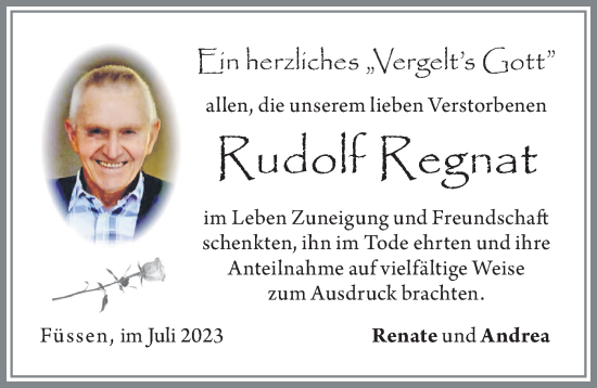 Traueranzeige von Rudolf Regnat von Allgäuer Zeitung, Füssen