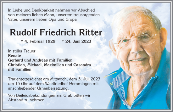 Traueranzeige von Rudolf Friedrich Ritter von Memminger Zeitung