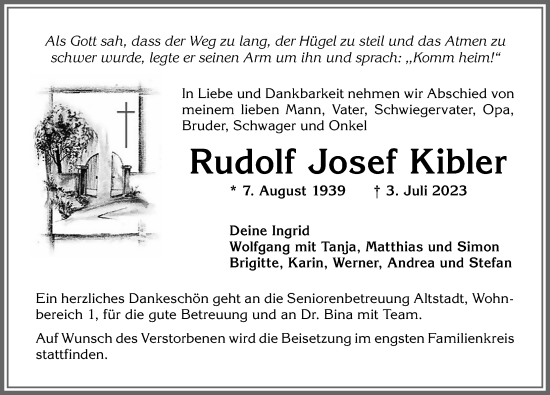 Traueranzeige von Rudolf Josef Kibler von Allgäuer Zeitung,Kempten