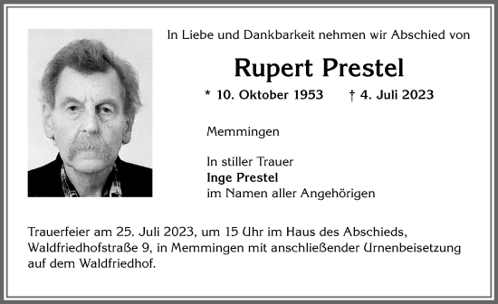 Traueranzeige von Rupert Prestel von Memminger Zeitung