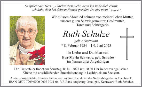 Traueranzeige von Ruth Schulze von Allgäuer Zeitung, Füssen