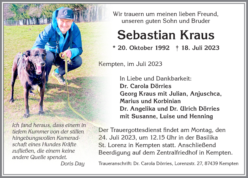  Traueranzeige für Sebastian Kraus vom 21.07.2023 aus Allgäuer Zeitung, Kaufbeuren/Buchloe