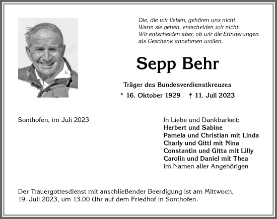 Traueranzeige von Sepp Behr von Allgäuer Anzeigeblatt