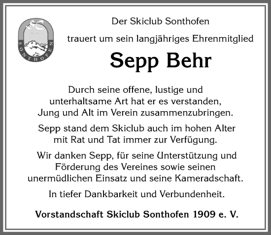 Traueranzeige von Sepp Behr von Allgäuer Anzeigeblatt