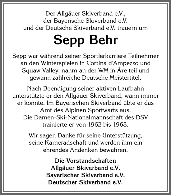 Traueranzeige von Sepp Behr von Allgäuer Anzeigeblatt