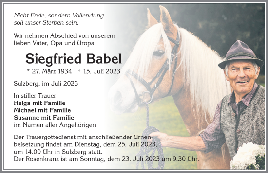 Traueranzeige von Siegfried Babel von Allgäuer Zeitung,Kempten