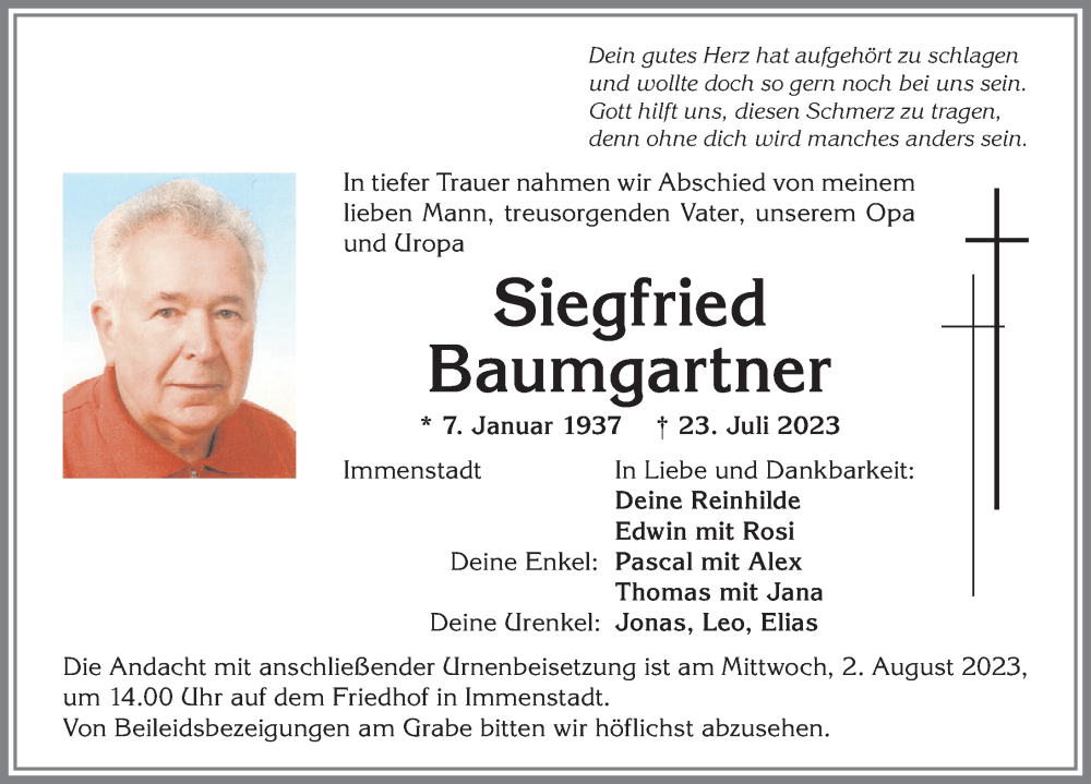  Traueranzeige für Siegfried Baumgartner vom 29.07.2023 aus Allgäuer Anzeigeblatt