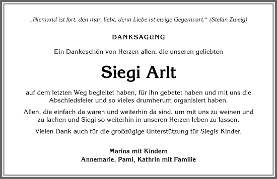 Traueranzeige von Siegi Arlt von Allgäuer Zeitung, Marktoberdorf