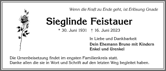 Traueranzeige von Sieglinde Feistauer von Allgäuer Zeitung, Kaufbeuren/Buchloe
