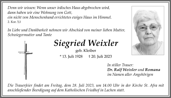 Traueranzeige von Siegried Weixler von Memminger Zeitung